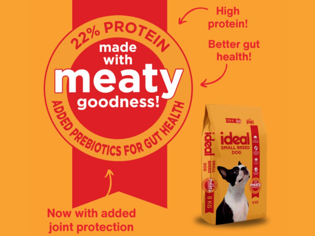 Ideal Small Breed Dog food pack with 22 percent protein, gut health support, and joint protection. Orange and red meaty goodness visual.
