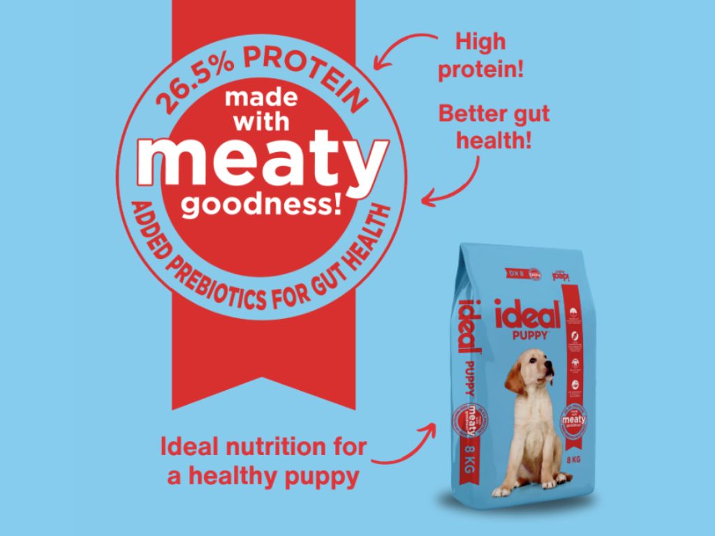 Ideal Puppy food pack with 26.5 percent protein and added prebiotics for gut health. Blue and red graphic promoting high protein and healthy development for puppies.