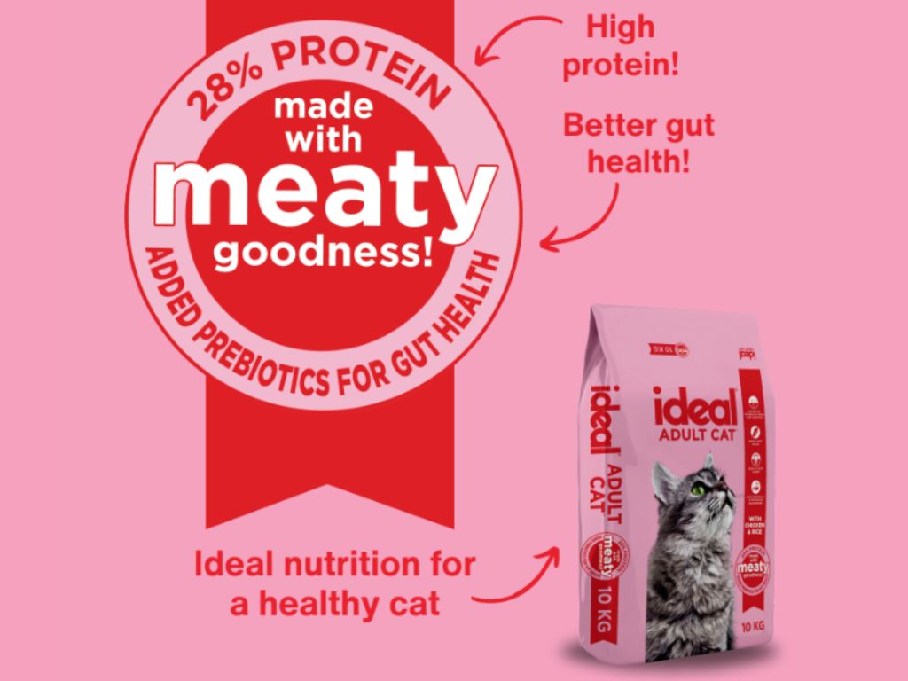 Ideal Adult Cat food pack with 28 percent protein, promoting gut health and strong nutrition. Pink and red theme for healthy adult cats.
