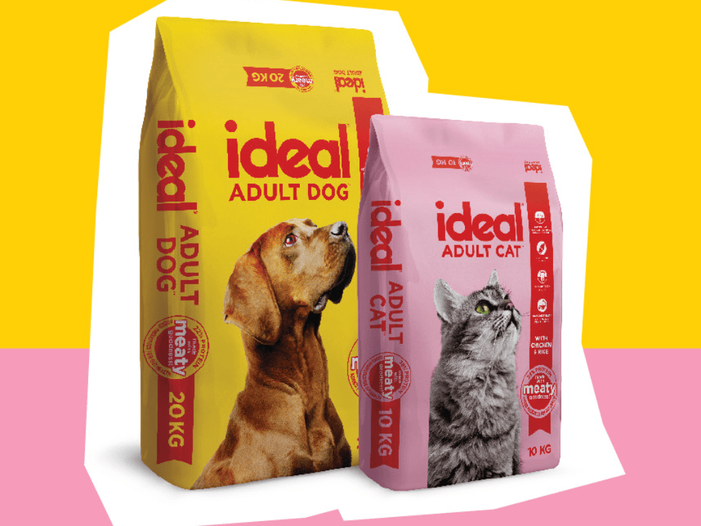 An image of the yellow 20kg Ideal Dog food bag and a pink 10kg Ideal Cat food bag.